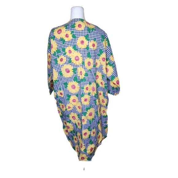 Vintage 90s Long Sleeve Kaftan Dress Gingham Sunflowers Womens Size 2XL Blue Yel - Picture 4 of 6